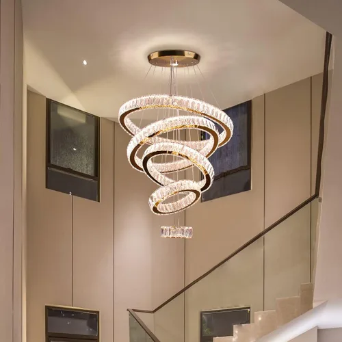 Miniatura 6 de Lámpara candelabro LED de cristal grande, moderna de 5 anillos, luz colgante ajustable para dormitorio, comedor, cocina (blanco cálido).