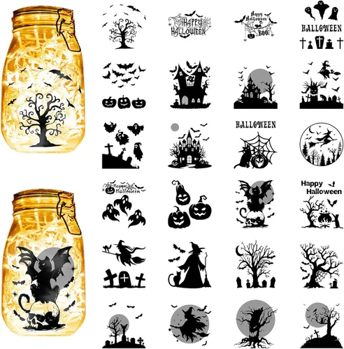 CREATCABIN 24 piezas de siluetas de Halloween, decoración de tarros de albañil, farol de bruja, recortes láser, decoraciones de plástico para
