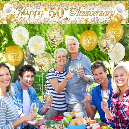 Miniatura 4 de Decoraciones de aniversario de boda de 50 años, pancarta de feliz 50 aniversario de oro blanco y 18 globos dorados de aniversario de boda 50