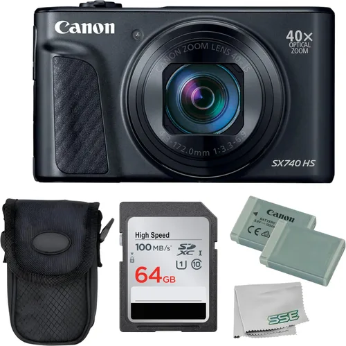 Canon PowerShot SX740 HS Cámara digital (negro) Paquete de 5 piezas, incluye tarjeta de memoria SD de 64 GB + estuche de punto y disparo + batería