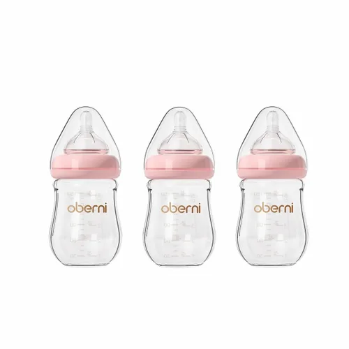 Oberni Biberones de Vidrio para Bebé, Biberón Anticólico de Lactancia Materna con Tetina de Respuesta Natural Talla S, Biberón de Cuello Ancho y Rosa