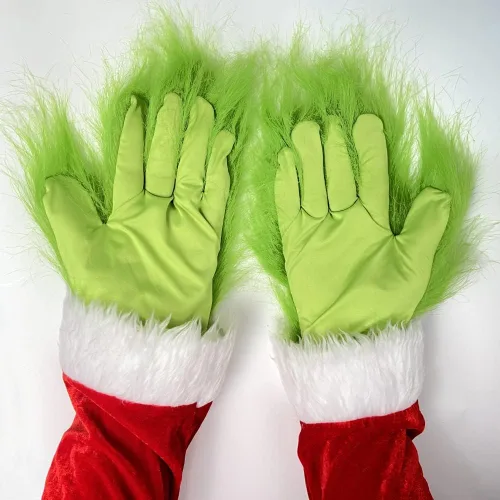 Miniatura 3 de Hefnoya Guantes de felpa de monstruo verde para adultos y niños, disfraz de Papá Noel de Navidad, accesorios de máscara de manos verdes, Guantes