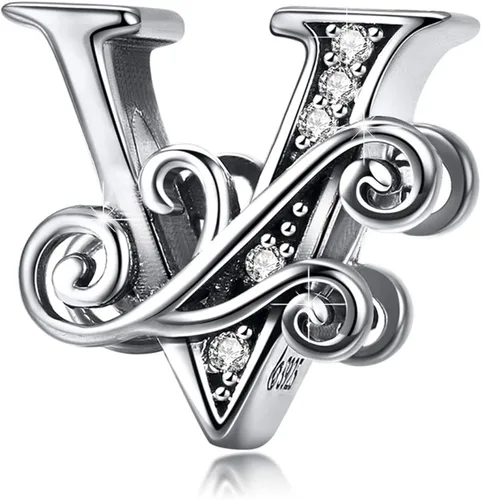 BISAER Dijes de plata de ley 925 con inicial de letra A-Z para pulseras, cuentas del alfabeto, regalos de joyería, Plata esterlina Diamante de
