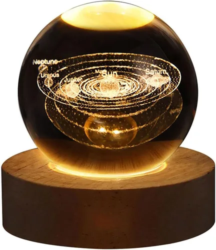 Miniatura 11 de Luz nocturna LED de bola de cristal, sistema de la Vía Láctea, lámpara de noche de cristal grabada en 3D con base de madera, carga USB