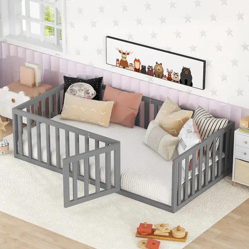 Harper & Bright Designs Cama Montessori doble con valla y puertas, marco de cama de piso para espacios pequeños, sin rejas, gris