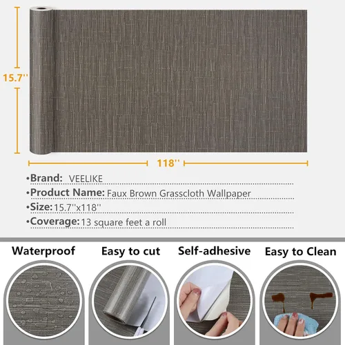 Miniatura 9 de VEELIKE Papel tapiz de tela de pasto marrón con trufa para despegar y pegar, papel tapiz tejido sintético de 15.7 x 118 pulgadas, autoadhesivo