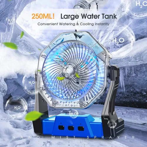 Miniatura 7 de Ausic Ventilador de camping portátil de niebla, ventilador de enfriamiento al aire libre de 8 pulgadas con luz LED, espray de agua, gancho