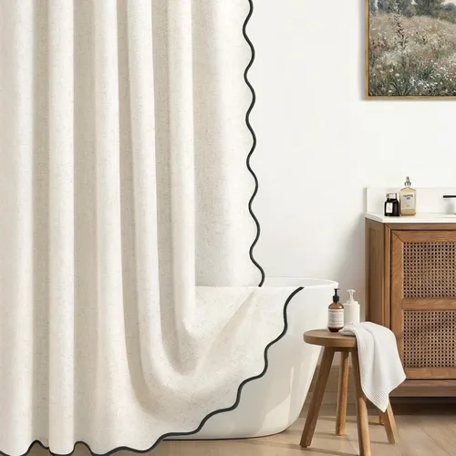 Miniatura 19 de Cortina de Ducha de Lino Beige Bonita Negra Festoneada Boho Moderna Cortinas de Ducha para Baño Juego, 48" W x 72" L