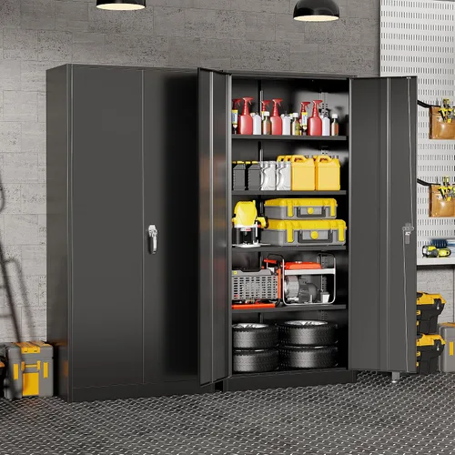 Miniatura 2 de Pataku Armario de almacenamiento de metal con cerradura, gabinete de garaje negro de 71 pulgadas de alto con 2 puertas y 4 estantes ajustables