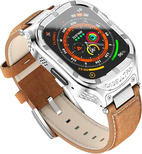 Miniatura 8 de Funda de acero inoxidable compatible con Apple Watch Ultra 2 correas para hombres de 1.929 in 1.772 in 1.732 in 1.654 in, correa de cuero genuino