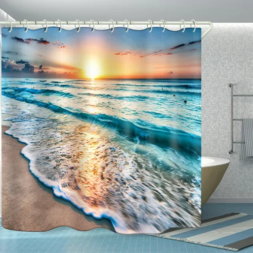 Miniatura 2 de LYFANS El baño tiene una cortina de ducha de playa al atardecer y la bañera tiene una lujosa cortina de ducha estándar. Cortina de ducha de tela