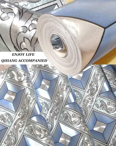 Miniatura 3 de Q QIHANG DAWEI - Papel tapiz decorativo para habitación de KTV, mosaico plateado, diseño de rombos y rombos, color azul plateado, 1.73 pies de ancho