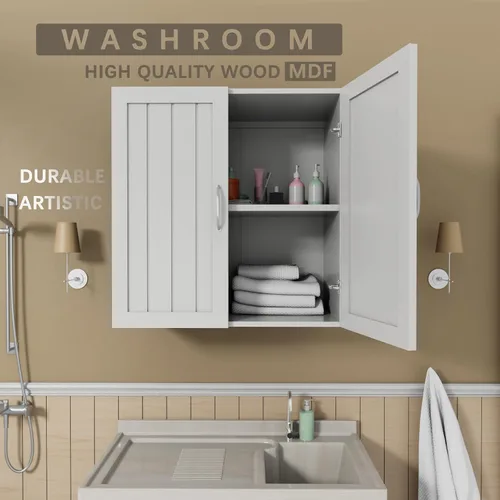 Miniatura 6 de Botiquín de almacenamiento montado en la pared para baño, armario de almacenamiento sobre el inodoro con puertas dobles y estante ajustable