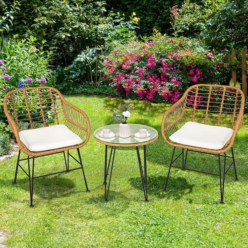 Miniatura 4 de Tangkula Juego de 3 piezas de patio bistró, juego de conversación de ratán con 2 sillones acolchados y mesa de centro redonda de cristal, juego