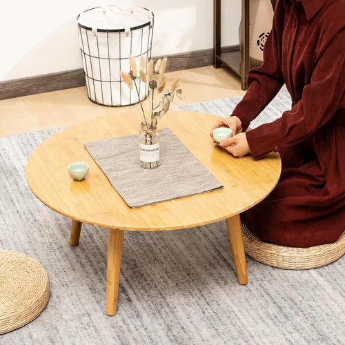 Miniatura 5 de Furlide Mesa de centro redonda de bambú, mesa de estilo japonés bajo para sala de estar, mesa de centro circular de mediados de siglo, mesas