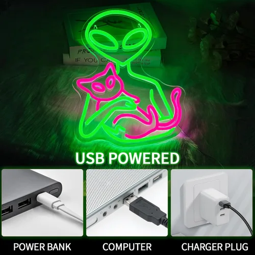 Miniatura 5 de Letrero de Neón Alienígena para Decoración de Pared Regulable Luces LED de Gatos Alienígenas para Dormitorio Luz de Neón Verde para Sala