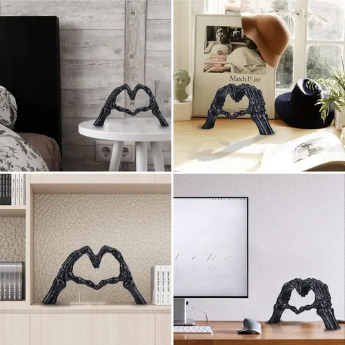 Miniatura 4 de Escultura de hueso de mano negra, decoración de amor, estatua de pareja de esqueleto de Halloween, adorno de mano de corazón adecuado para sala