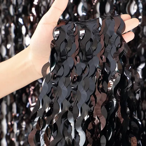 Paquete de 3 Decoraciones de Año Nuevo Cortinas Onduladas de Flecos de Oropel Metálico Negro Telón de Fondo para Fiestas 3.3 x 6.6 pies Telón de
