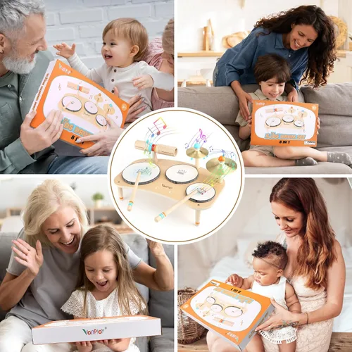 Miniatura 6 de Juego de batería para niños pequeños de 3 años en adelante, instrumentos musicales Montessori 8 en 1, juguetes musicales de madera para bebé