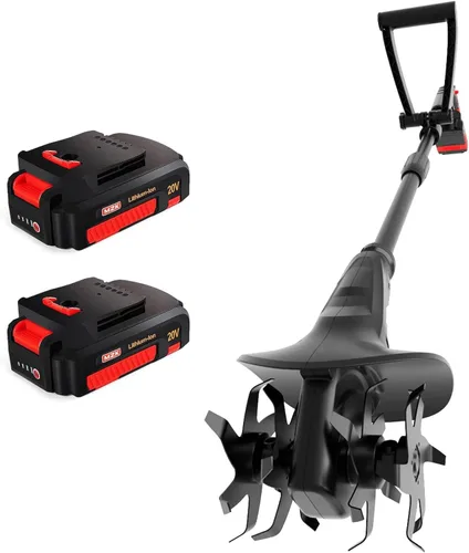 MZK Cultivador de labrado sin cable de 20V con dientes de acero, cultivador de jardín de 8 pulgadas de ancho con batería, cultivador eléctrico de