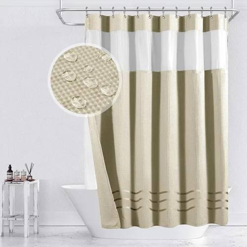 Miniatura 17 de Yimobra Juego de cortinas de ducha de tejido gofre con forro de tela a presión, tela pesada con 12 ganchos, impermeable y lavable, ventana superior