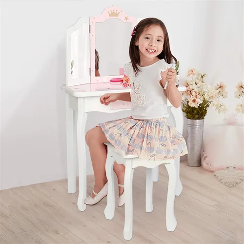 Miniatura 2 de Juego de tocador rosa para niños, juego de mesa y silla de maquillaje de madera para niñas pequeñas, tocador de princesa para niños, tocador