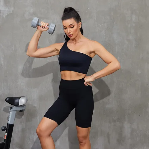 Miniatura 5 de Plubedo Conjuntos de entrenamiento para mujer, 2 piezas, acanalados, sin costuras, con un hombro, de cintura alta, para yoga, conjunto deportivo