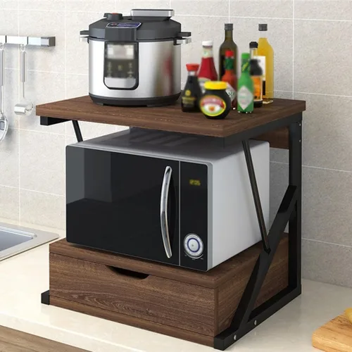 Miniatura 6 de Estante de madera para microondas de 2 niveles con cajón, estante de almacenamiento de cocina, estante organizador para oficina en casa, soporte