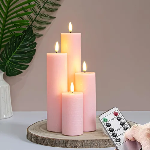 Velas de pilar sin llama parpadeantes con control remoto y temporizador de ciclo, rosa Juego de 4 velas eléctricas falsas de 3D-Mecha alta operadas