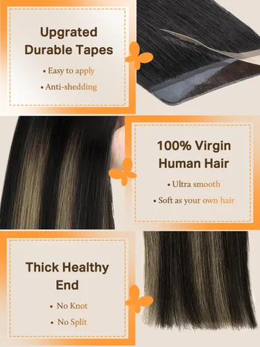 Miniatura 3 de DOORES - Extensiones de cabello con cinta en extensiones de cabello Remy de color real, extensiones de cabello humano natural trama de piel recta