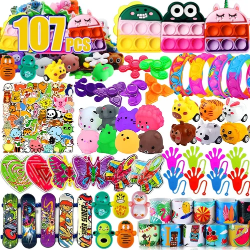 Dilycery 107 juguetes de recuerdo de fiesta, juguetes de caja del tesoro para el aula, juguetes Pop Fidget Toys Cofre del tesoro para niños premios