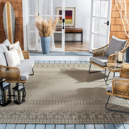 Miniatura 55 de SAFAVIEH Alfombra lavable para exteriores, colección Courtyard de 2.3 x 6.7 pies, beige y azul aguamarina, no desprende pelusa y es fácil