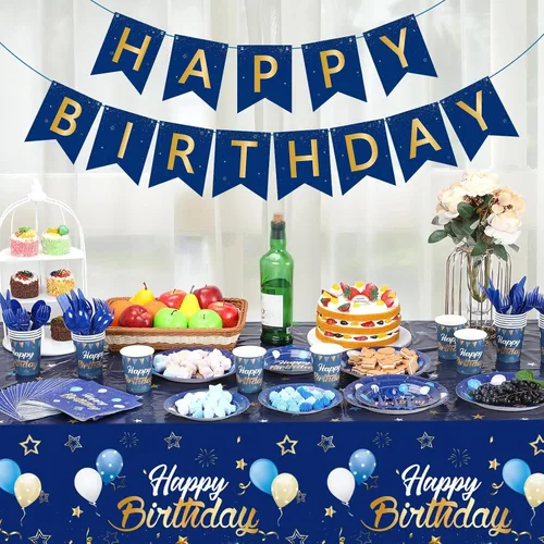 Miniatura 7 de Pajean Juego de vajilla azul y dorado para fiesta de cumpleaños, decoración de cumpleaños azul marino para hombres, pancartas y manteles, platos