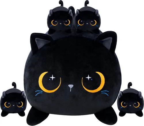 Gato Negro de Peluche Lindo Gato de Peluche Suave con 4 Almohadas Navideñas, de Acción de Gracias, Cumpleaños para Niñas, Niños, Niños Decoración