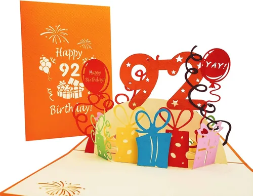 iGifts And Cards Tarjeta desplegable 3D de cumpleaños 92, regalos coloridos y celebración de hitos de globos, saludo sincero para personas mayores,