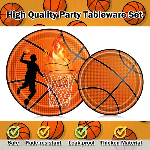 Miniatura 3 de Decoraciones de fiesta de baloncesto, juego de 96 platos y servilletas de baloncesto para niños, decoraciones de fiesta de cumpleaños de niños
