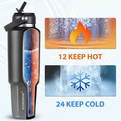 Miniatura 3 de HYDROWION Botella de agua aislada de 32 onzas, soporte para botella de agua para automóvil, botella de viaje aislada al vacío de doble pared