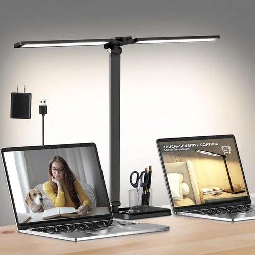 Miniatura 10 de CHARYJOD Lámpara de escritorio LED retráctil regulable con puerto de carga USB, 50 modos de iluminación, brazo doble oscilante, arquitecto, lámpara