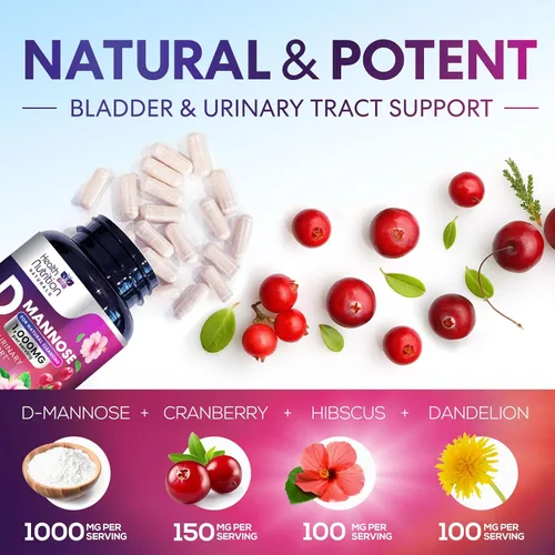 Miniatura 3 de Suplemento de D-manosa – 1,000 mg de manosa de D por porción con arándano, hibisco y diente de león – Soporte urinario natural y de acción rápida