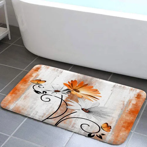 Miniatura 10 de Alfombra de Baño Rústica de Granja, Alfombra de Baño de Madera de Campo con Flores de Margaritas Moradas, Mariposas y Estilo Campestre, Alfombra