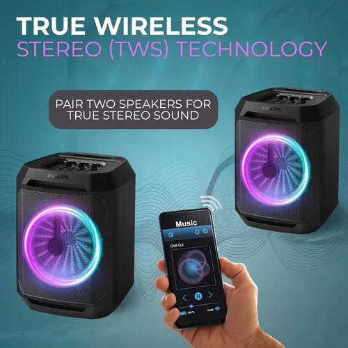 Miniatura 5 de Philips Altavoz Bluetooth para fiestas, refuerzo dinámico de bajos, Bluetooth y entrada auxiliar, entrada de micrófono, emparejamiento inalámbrico