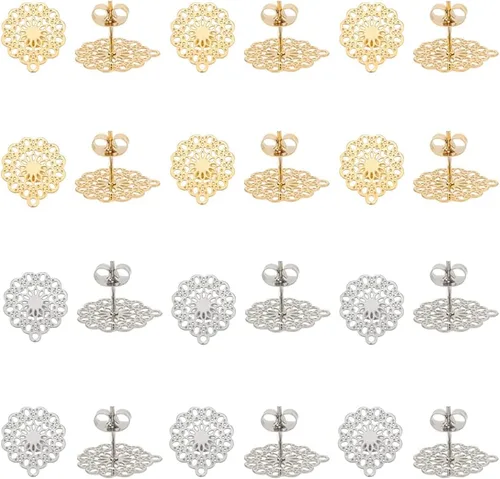 UNICRAFTALE Alrededor de 24 aretes bohemios con bucle de acero inoxidable de filigrana hueca con tapones, tuercas de oreja de 0.028 in para 2