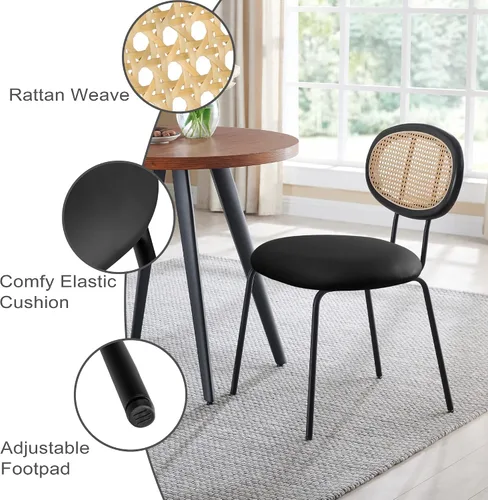 Miniatura 7 de Juego de 2 sillas de comedor con respaldo de ratán moderno de mediados de siglo, sillas laterales de cocina tapizadas de cuero negro con patas