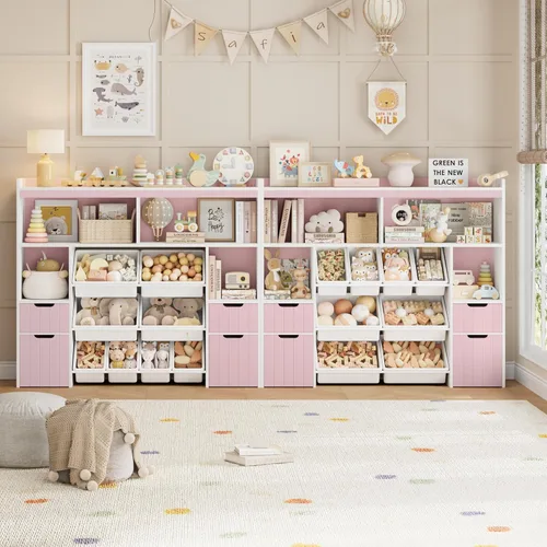 Miniatura 4 de HORSTORS Organizador de almacenamiento de juguetes de 55 pulgadas de ancho con cajones, caja grande de almacenamiento de juguetes para niños con Rosa