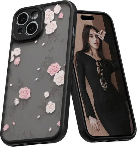 Miniatura 17 de XIZYO Funda para iPhone 13, diseño de rosas florales para mujeres y niñas, patrón estético, delgada, de poliuretano termoplástico, a prueba de Negro