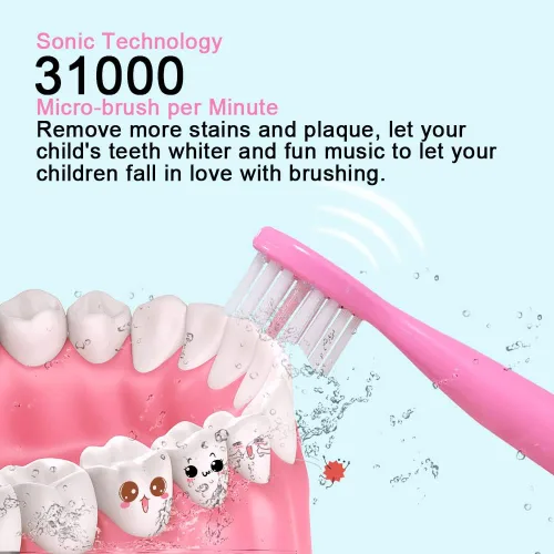Miniatura 6 de OJV 8620 - Cepillos de dientes eléctricos musicales para niños, 3 modos, temporizador de 2 minutos, 6 cerdas recargables, energía inteligente, Rosa