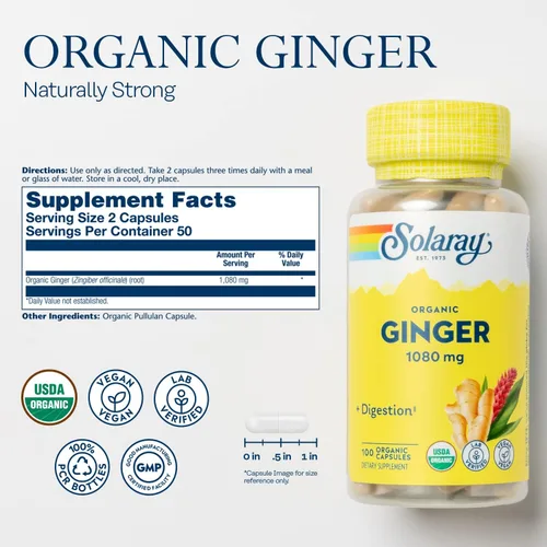 Miniatura 2 de SOLARAY Jengibre orgánico 1080 mg – Suplementos orgánicos de jengibre – Alivia las náuseas y los vómitos asociados con el mareo, apoya la salud