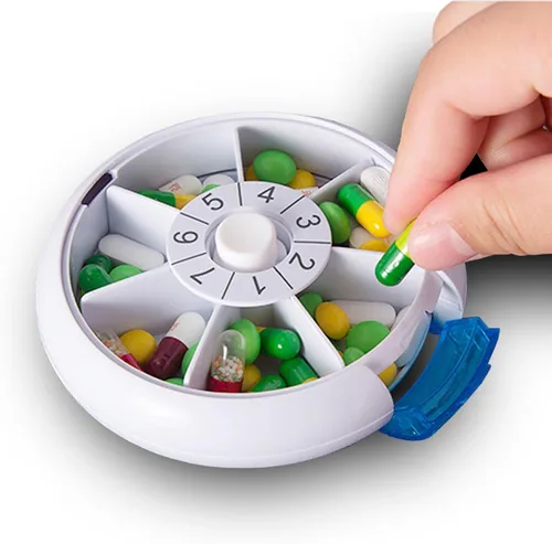 Miniatura 4 de Organizador semanal de píldoras de medicina, pastillero redondo de 7 días con diseño giratorio, compartimento diario para vitaminas y medicamentos