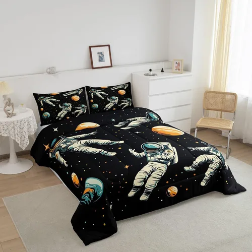 Miniatura 2 de Manfei Juego de edredón de astronauta de dibujos animados, tamaño individual, juego de ropa de cama colorido de cielo estrellado galaxia para niños
