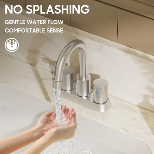 Miniatura 6 de Phiestina Grifo de Lavabo de Baño de Níquel Cepillado de 4 Pulgadas con 2 Manijas Centerset Sin Plomo, con Desagüe Emergente de Cobre y Líneas